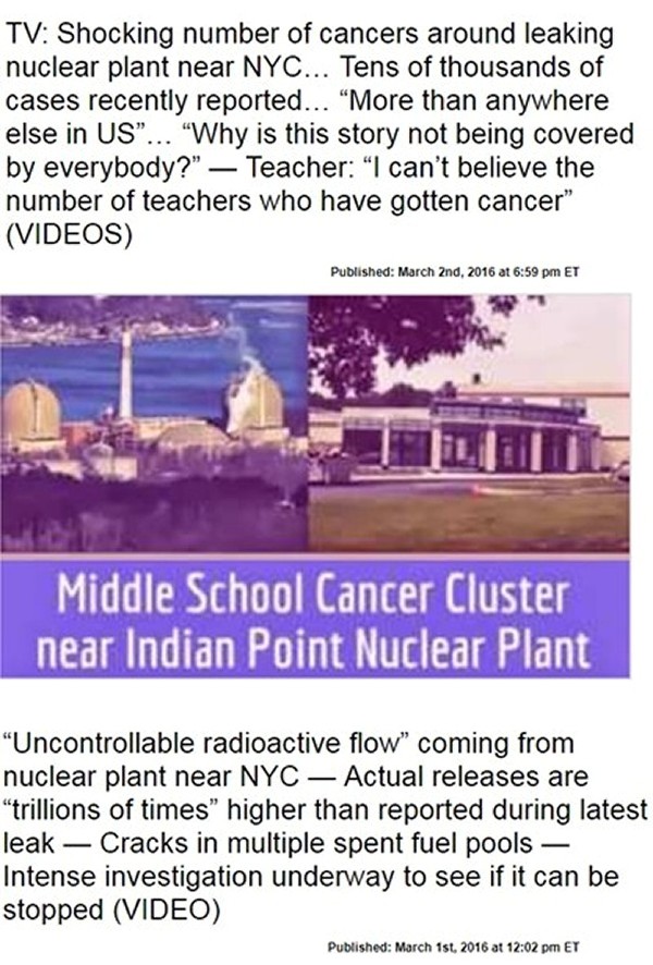 Indian Point nuclear reactor cancer clusters around school in New York.