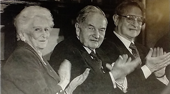Irene Diamond, David Rockefeller & George Soros, three of eleven recipients of the inaugural Carnegie Medals of Philanthropy, indulge in a round of self-congratulation. The Rockefeller dynastic central banker warlord family founded the major U.S. banks including IMF, World Bank, Export-Import Bank & major oil companies including Standard, Chervron et al, fund our university science & other departments, & primarily dictate national security & foreign affairs policy to Congress, who all fatten on insider trading & hostile corporate takeovers & regime change wars. They work with Soros to achieve regime change thru destabilization.