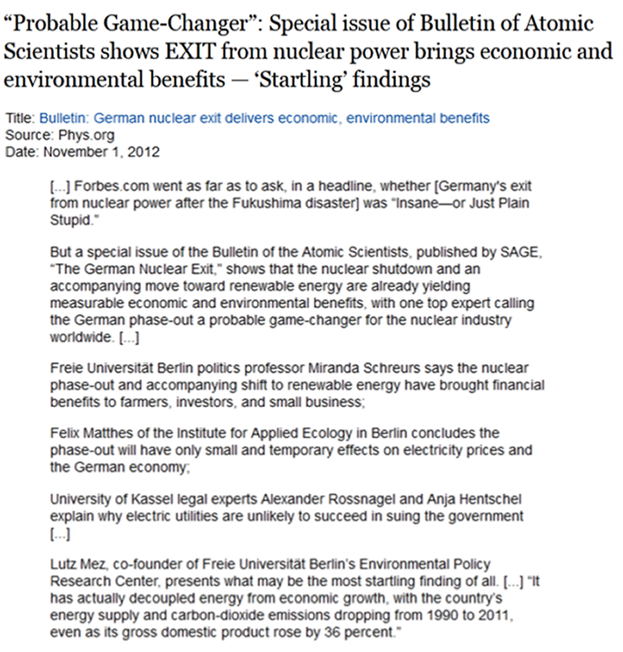 01:44 PM Nov 1, 2012 -4670- Bulletin of Atomic Scientists: Exit from nuclear power brings economic and environmental benefits.