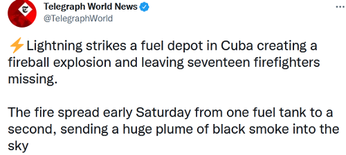 Lightning strikes a fuel depot in Cuba