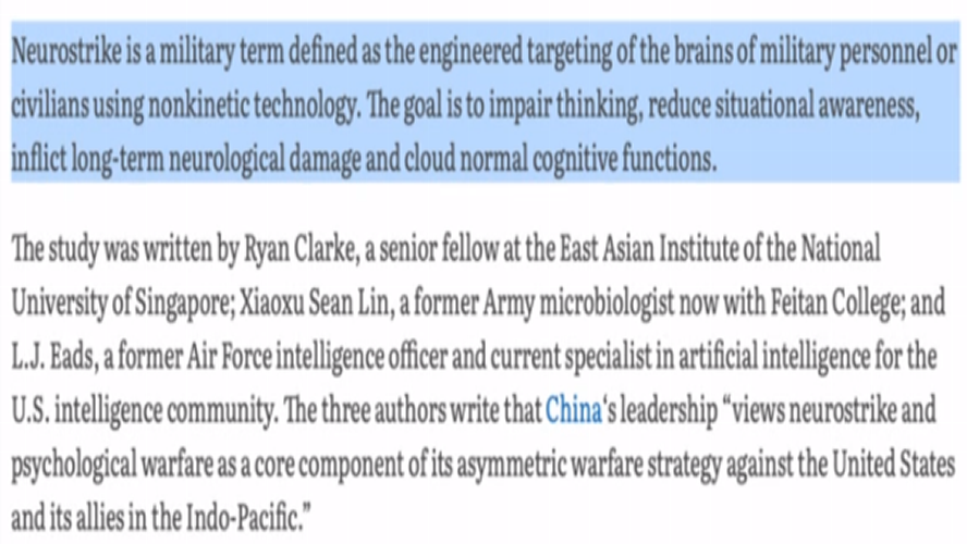 Chinese 'neurostrike' weapon = U.S. psychotronic weapon + weather warfare alphen wave very low frequency electromagnetic radiation used to set off earthquakes & volcano eruptions
