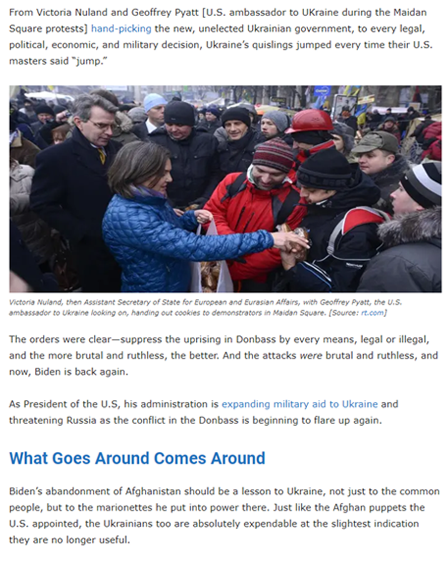 Victoria Nuland hands out cookies to far-right & Nazi agents provocateurs just before the City of London-financed Nazi coup at Maidan --later she testified against Trump's phone call for Ukraine to investigate any mafia involvement threatening the Biden family involvement in Ukraine.