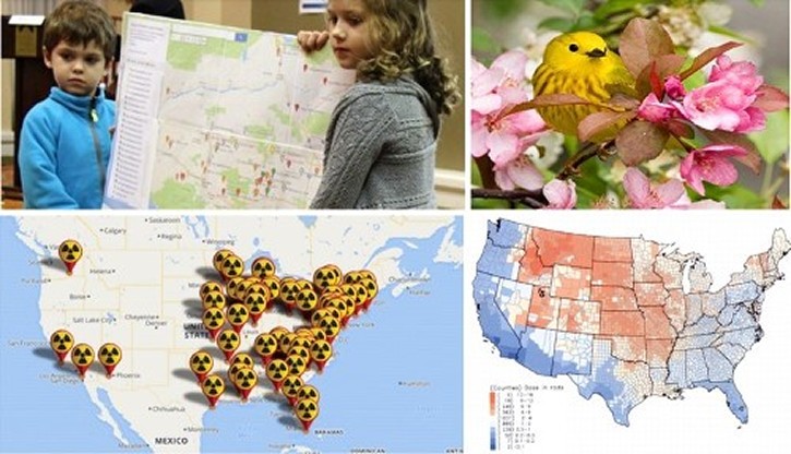 (ul) Kids in Southern California holding map showing pediatric cancers by nuclear industry sites; (ll) Location of nuclear reactors in U.S. (all dispersing tritium in their normal day-to-day operations); (lr) People sickened & killed from nuclear tests (note map is cut off to avoid showing damage to Canadians)