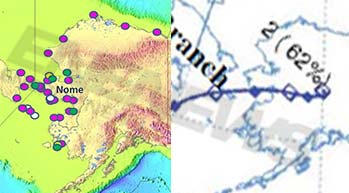 Left: Location of sickened seals; Right: Blue line is radioactive plume from Fukushima mid-March 2011.