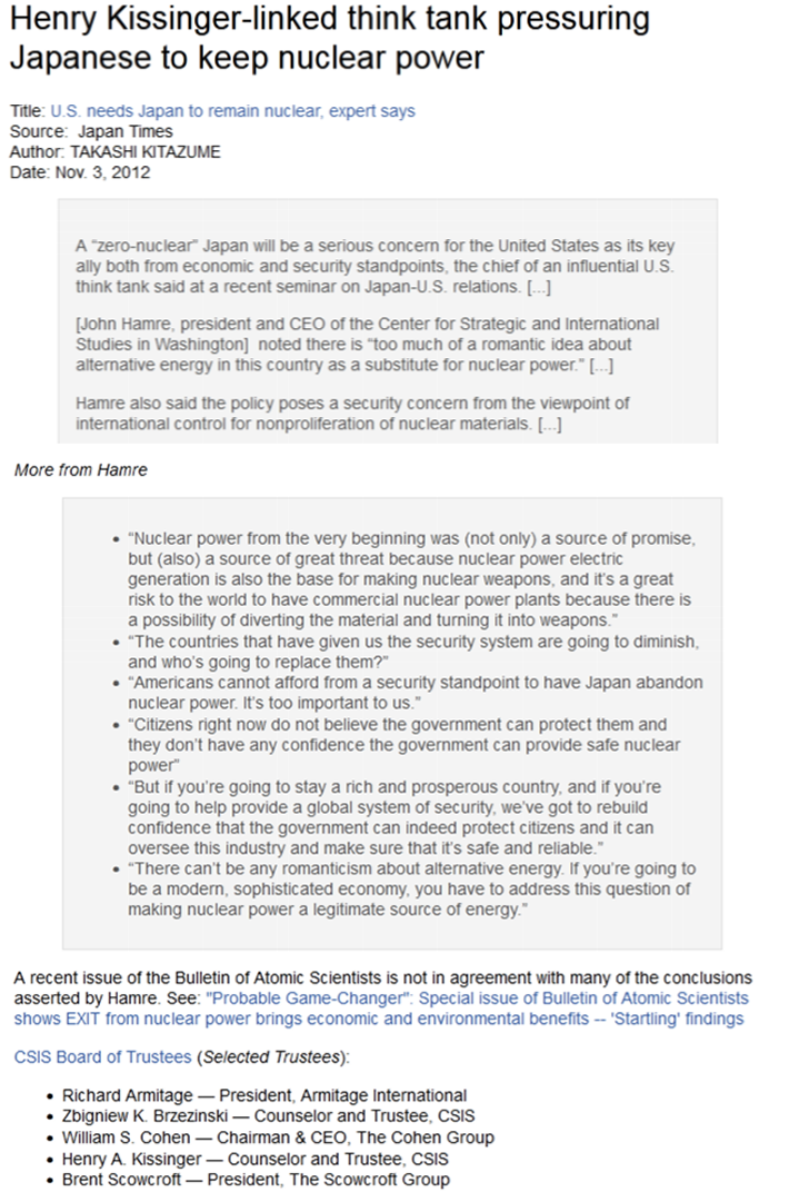 11:51 PM Nov 9, 2012 -4731- Henry Kissinger-linked think tank pressures Japan to keep nuclear power 11:51 PM Nov 9, 2012 -4731- Henry Kissinger-linked think tank pressures Japan to keep nuclear power