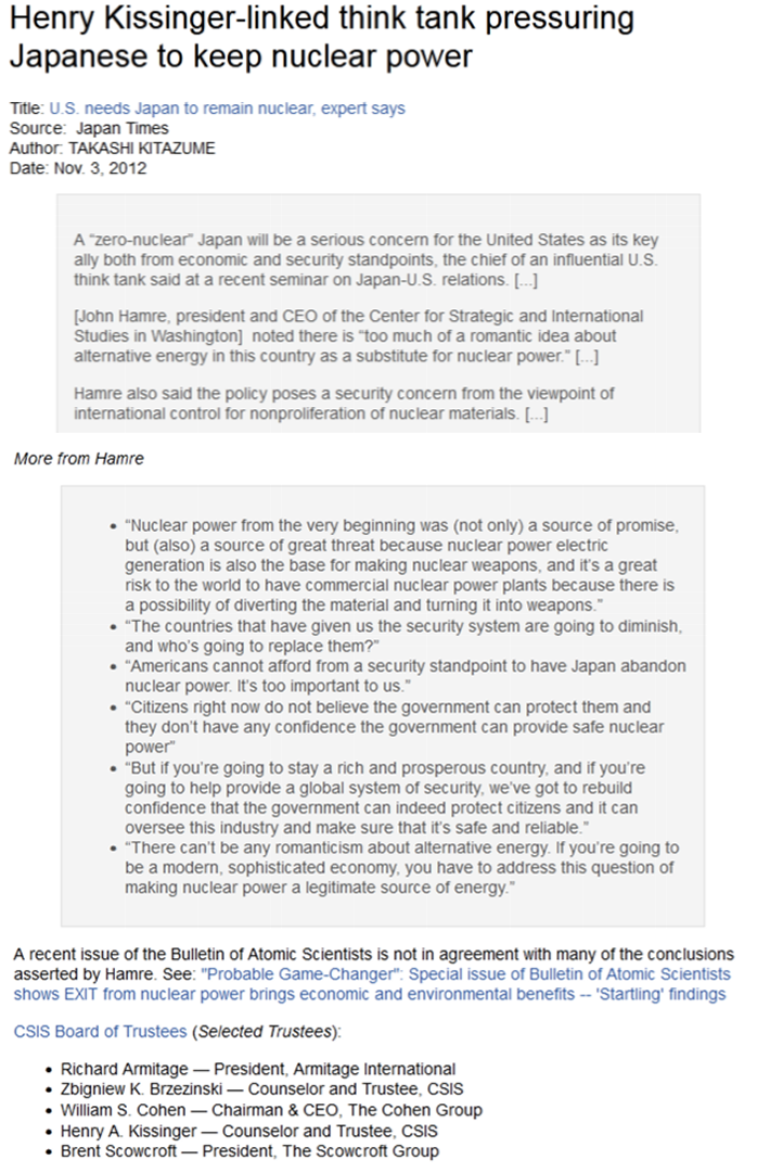 11:51 PM Nov 9, 2012 -4731- Henry Kissinger-linked think tank pressures Japan to keep nuclear power 