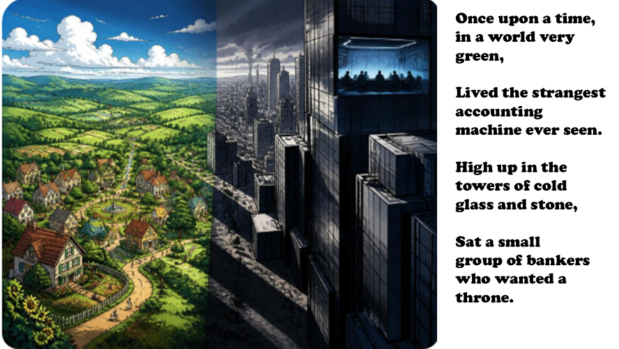 Once upon a time, in a world very green,   Lived the strangest accounting machine ever seen.   High up in the towers of cold glass and stone,  Sat a small group of bankers who wanted a throne.